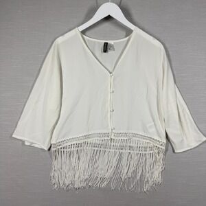 Divided Top Womens 8 White Fringe Boho Neutral Romantic Western Sheer